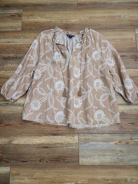 Lands' End Petite Linen Top Women's XL 18 Brown Floral